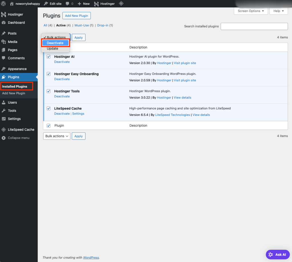 워드프레스 어드민_Tools_Plugin_Bulk_비활성화