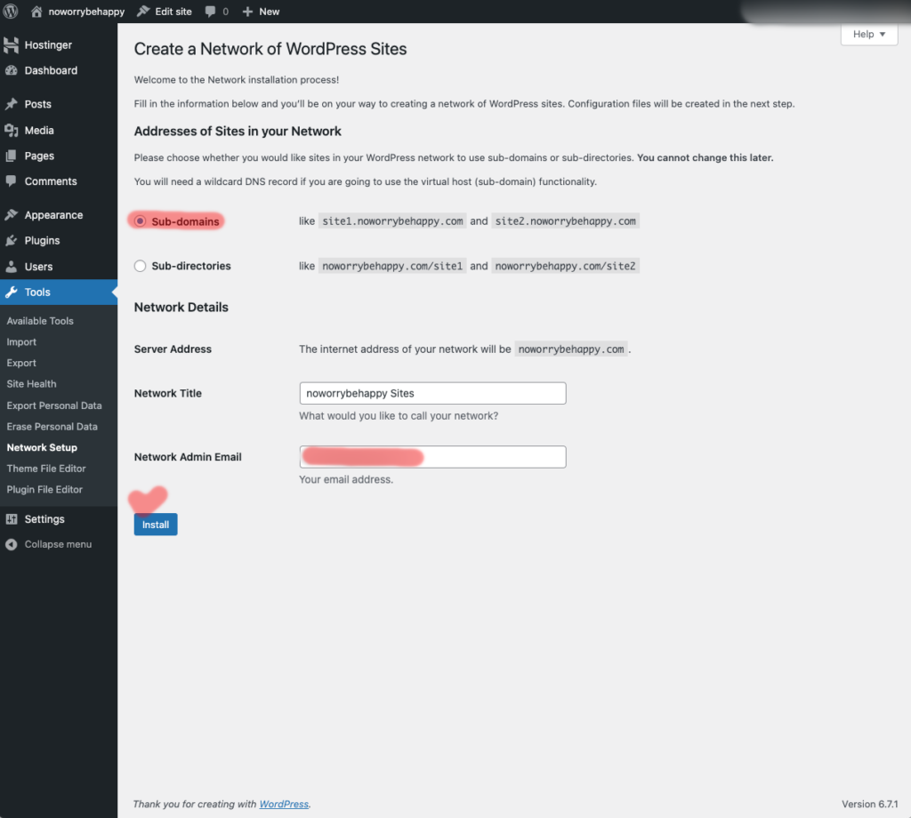 워드프레스 어드민_Tools_Network Setup_subdomai