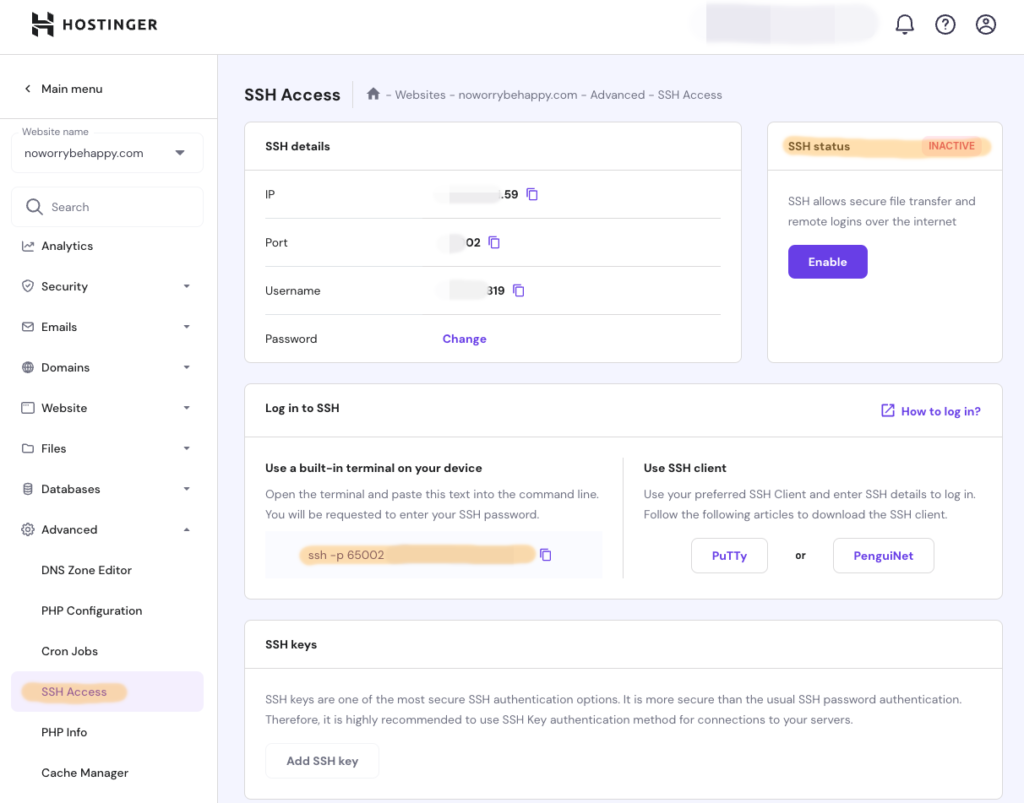 호스팅어 관리도구 hPanel 호스팅관리 Advanced SSH