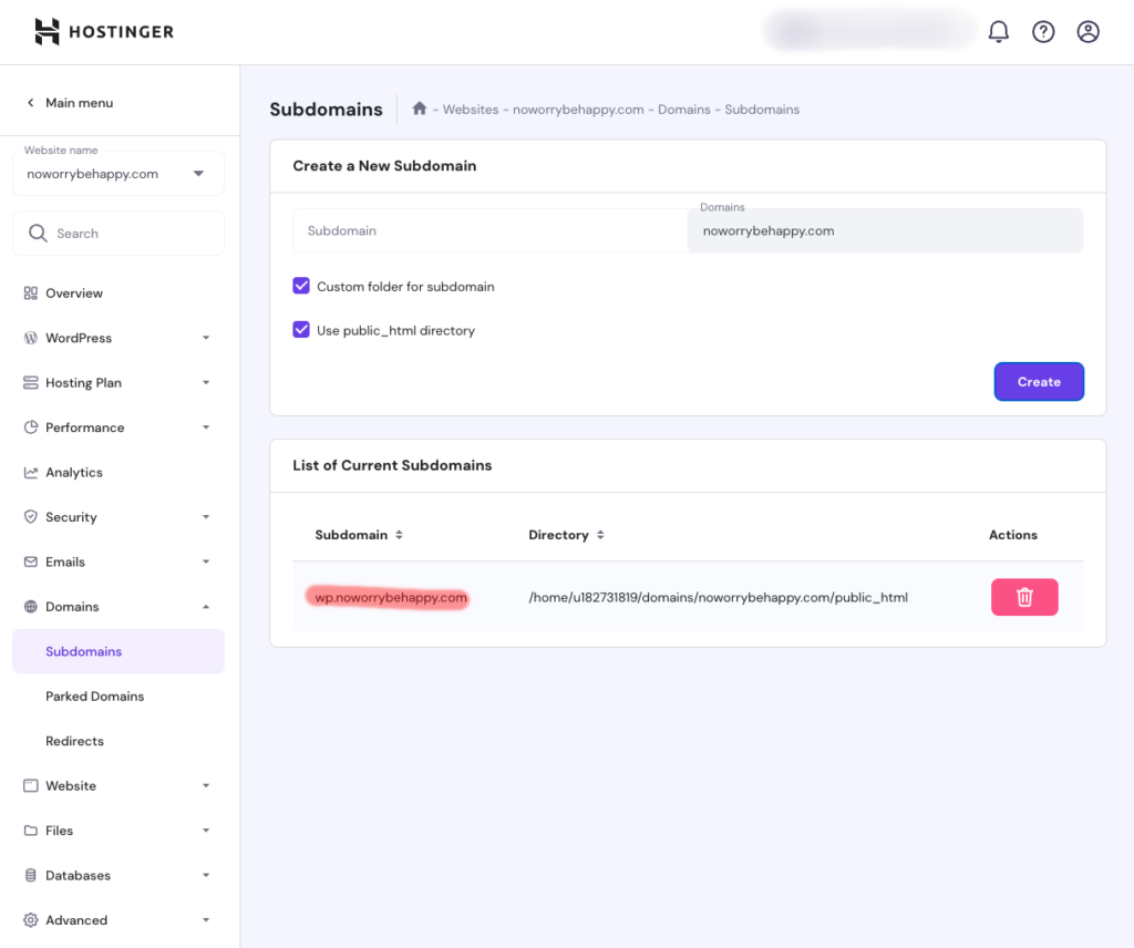 호스팅어 hpanel subdomain 추가