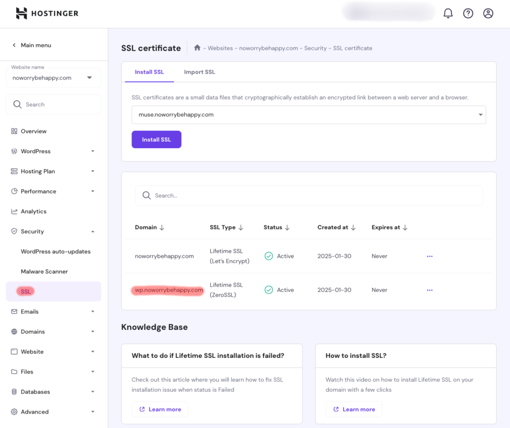 호스팅어 hpanel SSL 인증서 설치